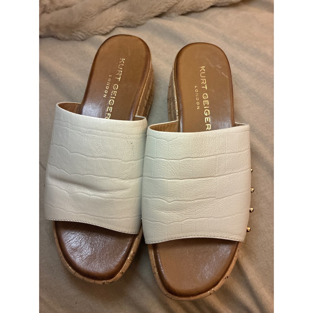 Kurt Geiger London White Croc Embossed Cork Platform Slide Sandals Studded 37